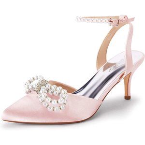 Womens Heels Pumps Closed Pointed Toe Pearl Ankle Strap Wedding Shoes-Pink